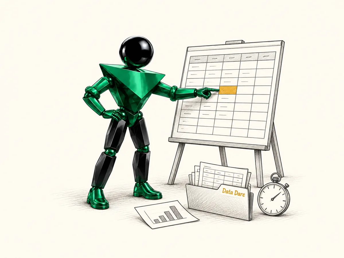The mascot solving a Data Dare dataset, charts and a stopwatch around it.