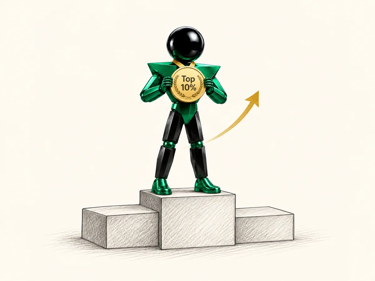 The mascot on a podium with a gold Top 10% medal.