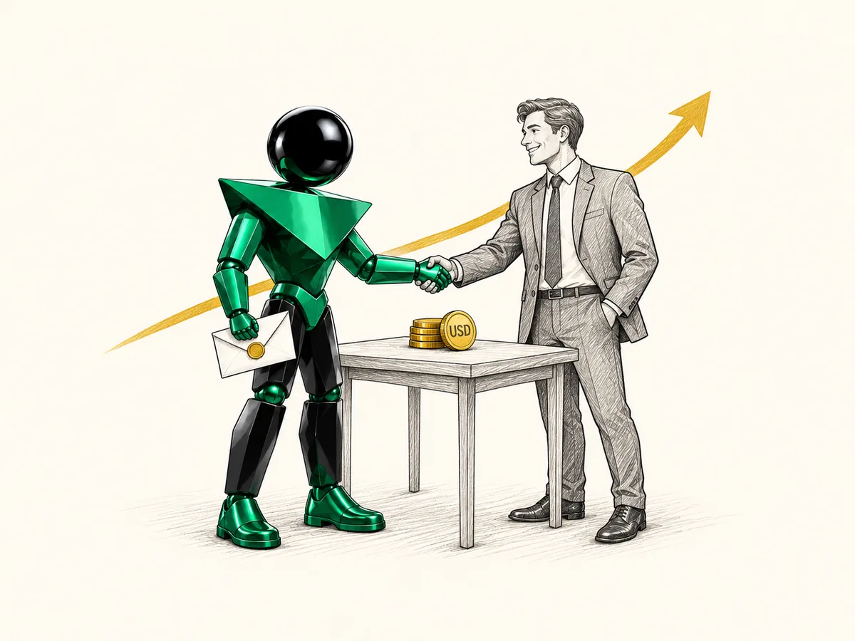 The mascot shaking hands with an employer, a growth arrow behind them.