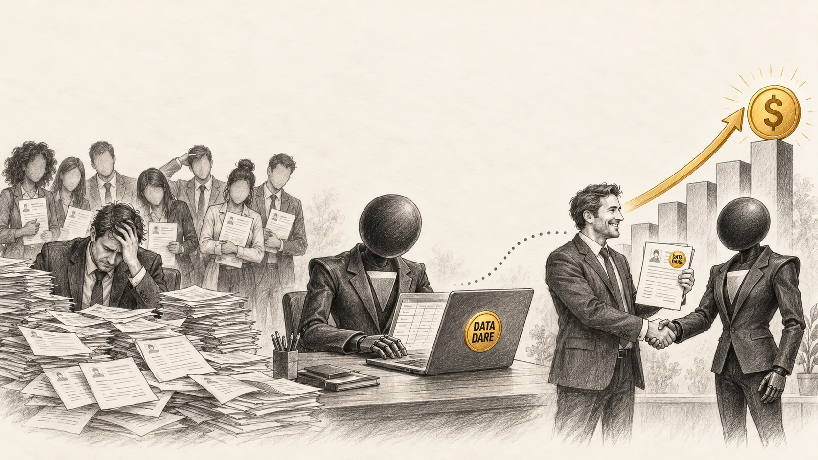 An employer buried in CVs, a candidate solving a Data Dare challenge, then the same employer shaking the candidate's hand beside a rising growth chart.