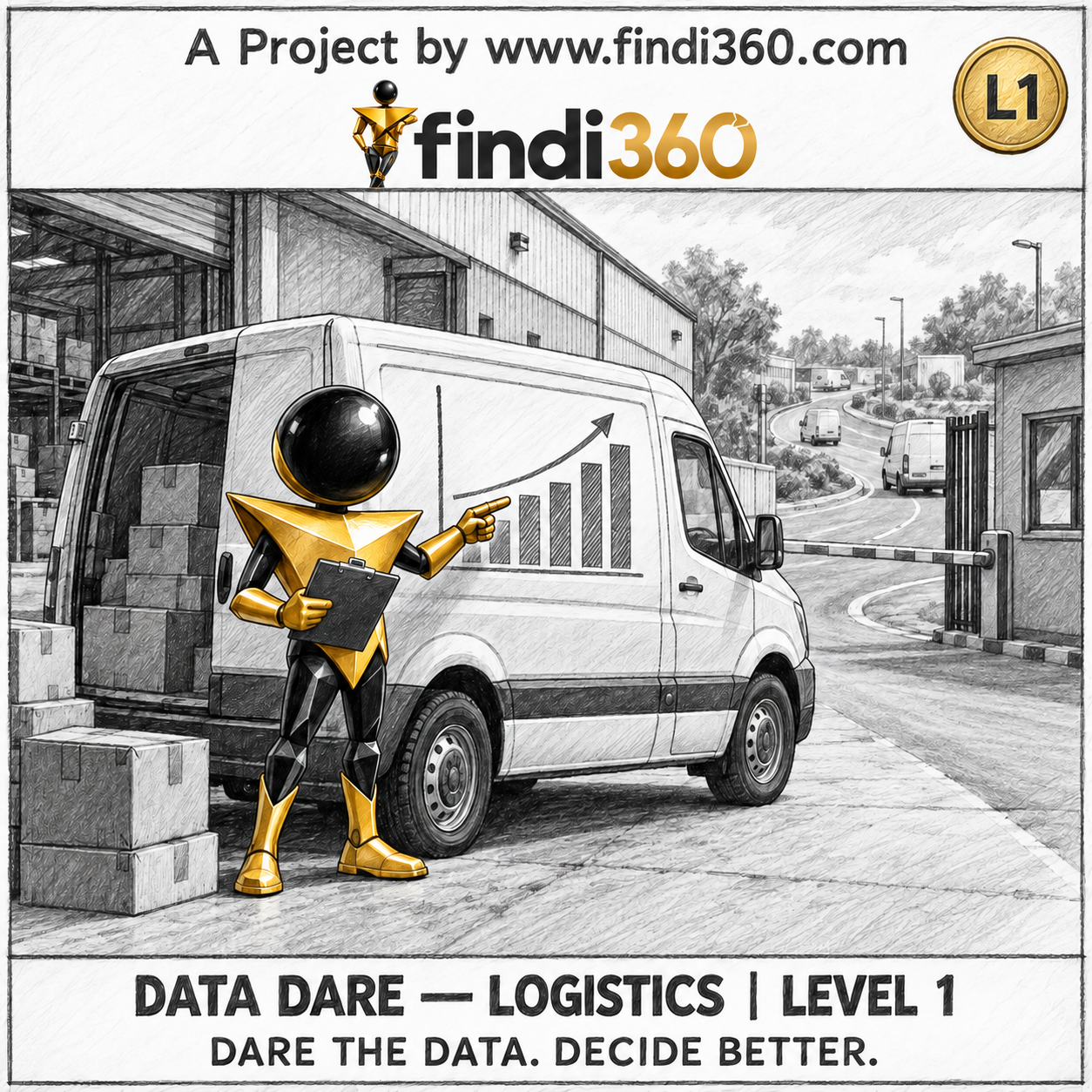 Data Dare logistics L1 sticker: the findi360 mascot analysing Shipment Delivery Performance and Fleet Efficiency.