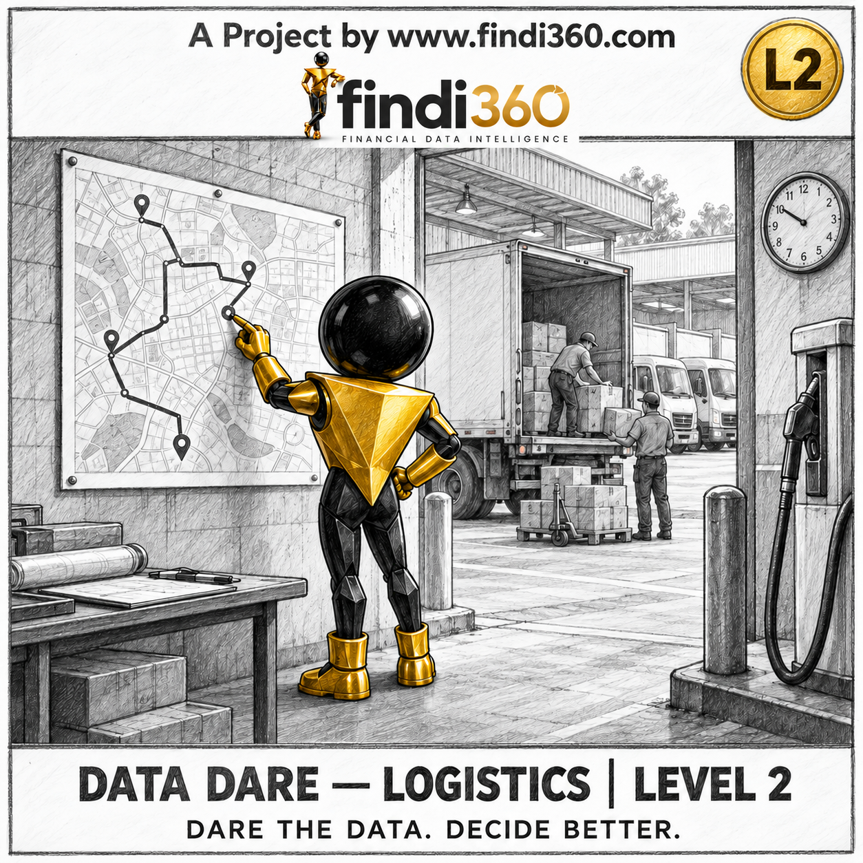 Data Dare logistics L2 sticker: the findi360 mascot analysing Delivery Orders, Route Performance and Vehicle Utilisation.