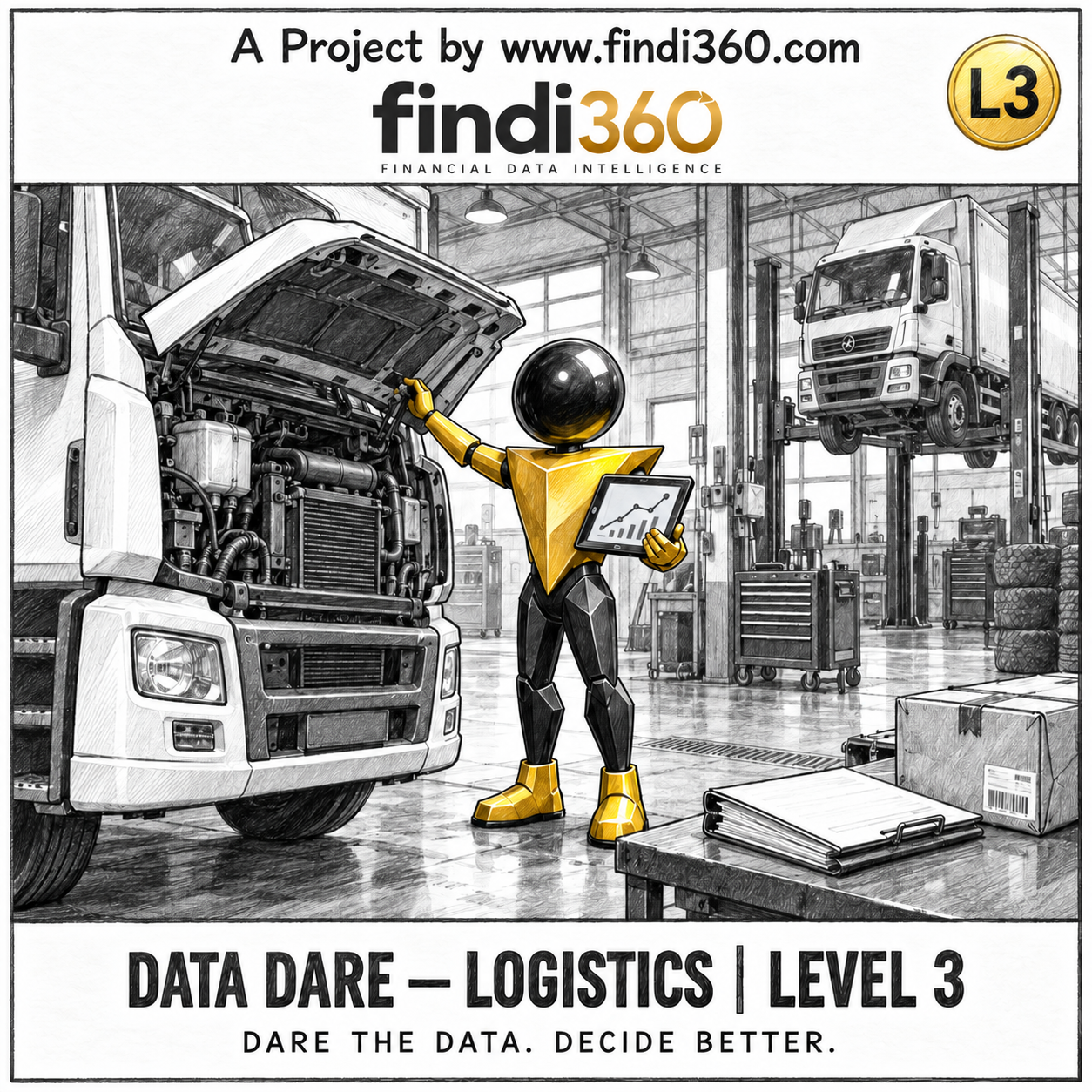 Data Dare logistics L3 sticker: the findi360 mascot analysing Fleet Cost, Maintenance, Service Quality and Delivery Risk.