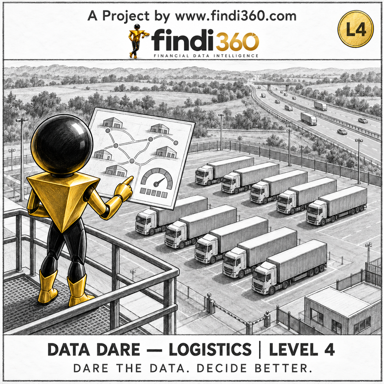 Data Dare logistics L4 sticker: the findi360 mascot analysing Fleet Network Performance and Capacity Planning.