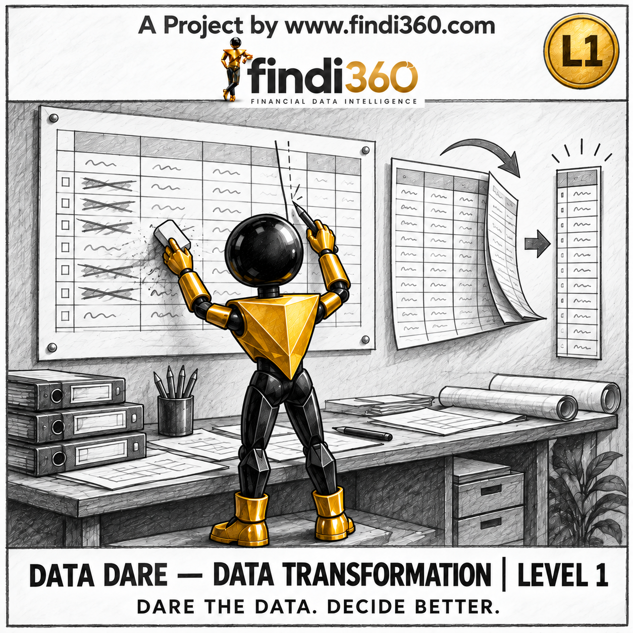 Data Dare data transformation L1 sticker: the findi360 mascot analysing Basic Data Cleaning and Shaping.