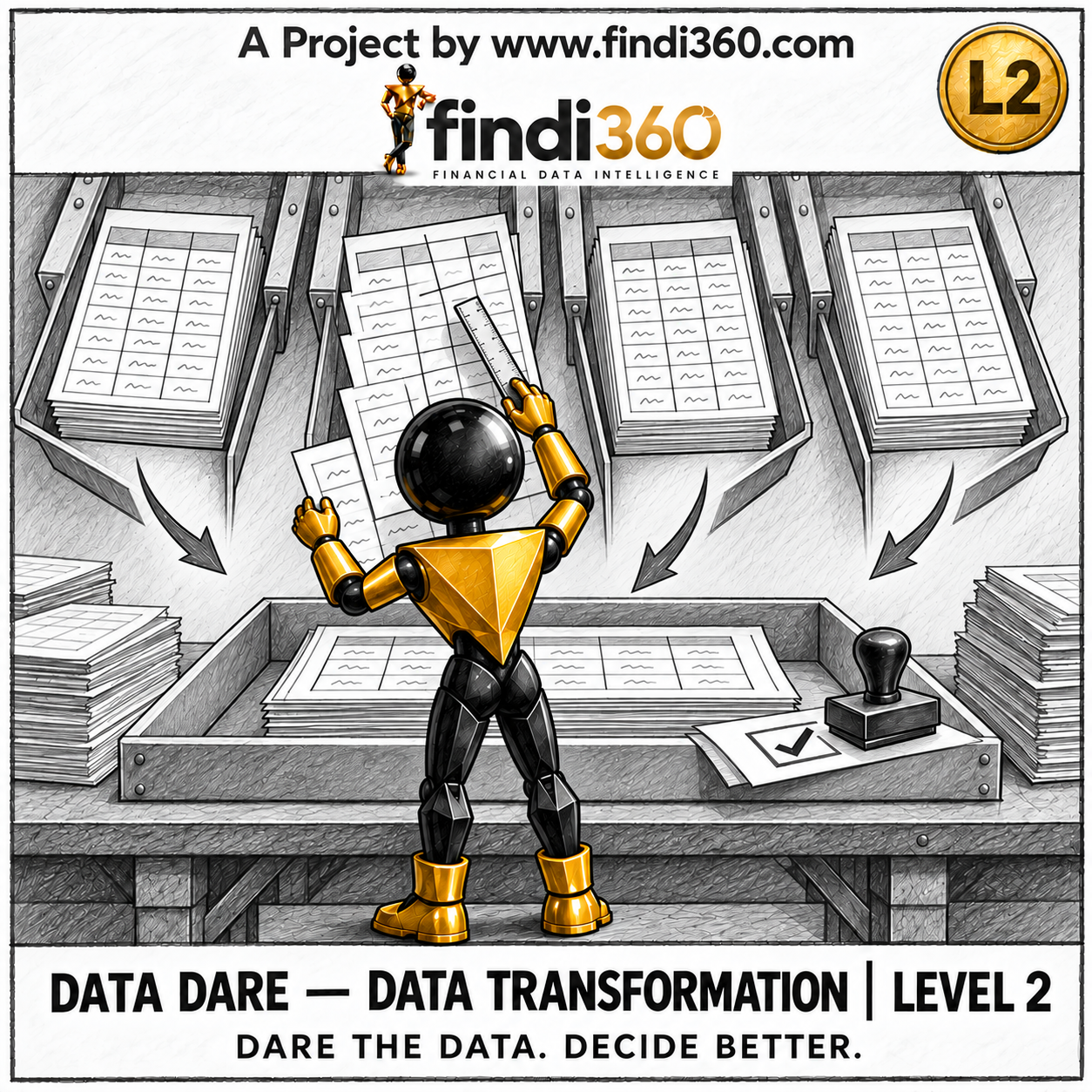 Data Dare data transformation L2 sticker: the findi360 mascot analysing Multi-File Transformation and Data Quality.