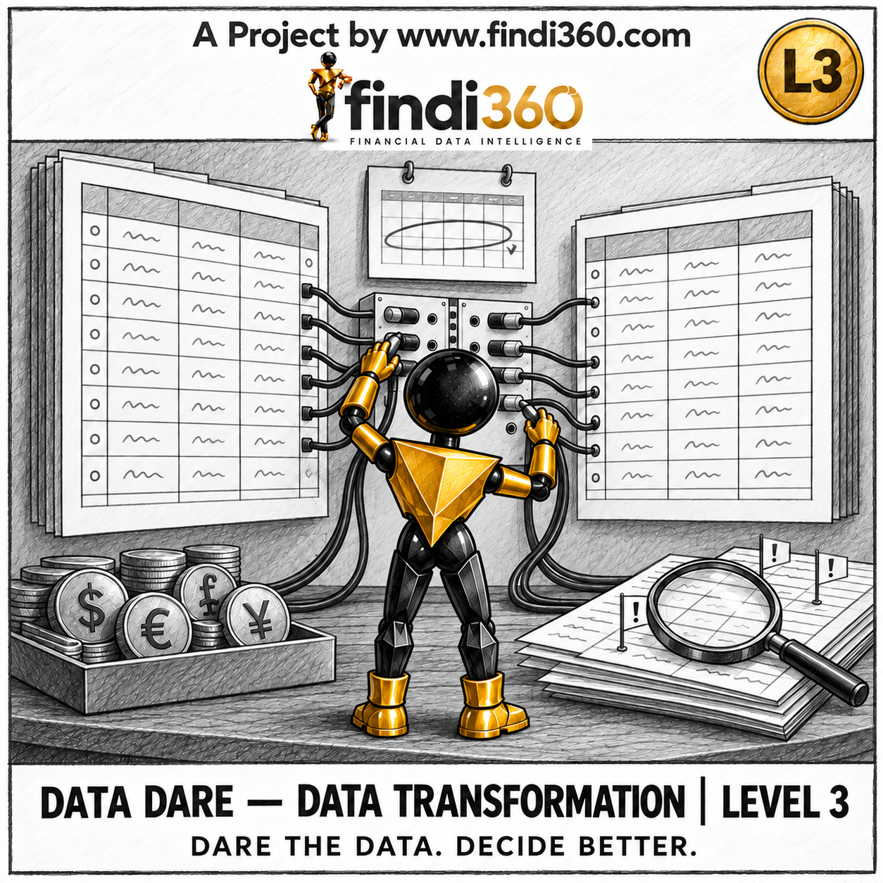 Data Dare data transformation L3 sticker: the findi360 mascot analysing Complex Joins, Exceptions and Transformation Logic.