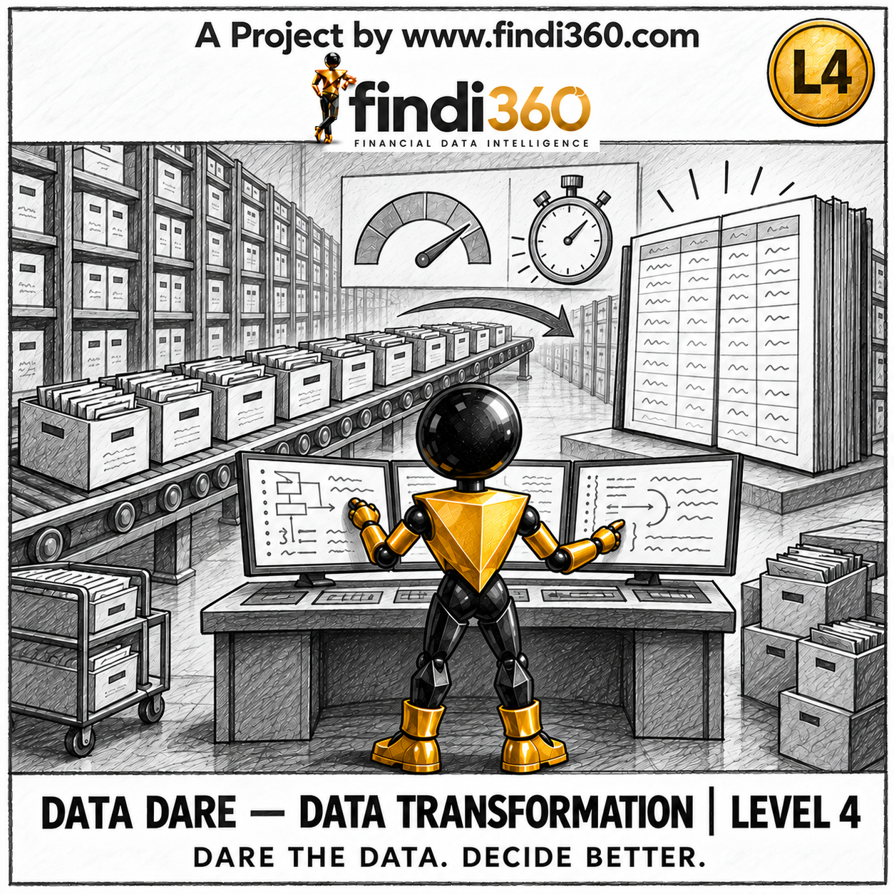 Data Dare data transformation L4 sticker: the findi360 mascot analysing Enterprise Data Transformation and Performance Lab.